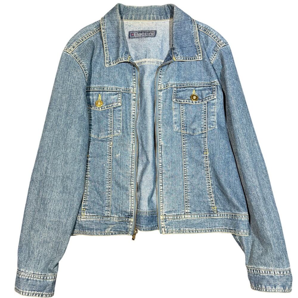 Baccini Denim Jacket Small Womens Blue Zip Up Jean Jacket Fitted Stretch
